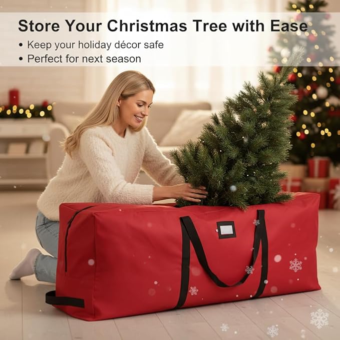 Christmas Tree Bag 9ft- Fits Heavy Duty Artificial Trees- Tear Proof 600D Oxford Fabric Waterproof Xmas Tree Storage Bag with Durable Handles & Zipper- Card Slot - Red