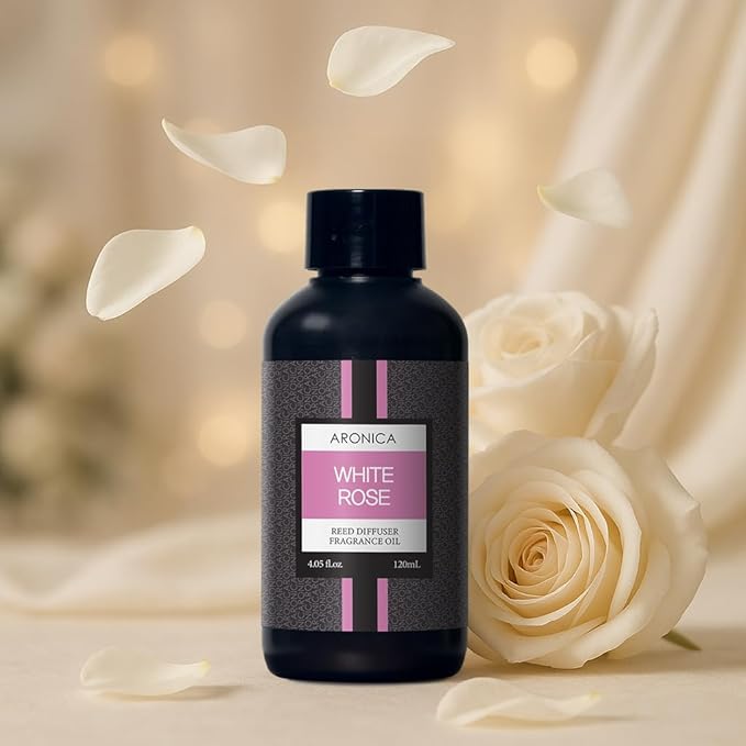 Aronica Reed Diffuser Refill 120ml - White Rose, Home Fragrance Flower Diffuser Oil Sticks, Bulgaria Rose Scent, Flower Aroma Liquid