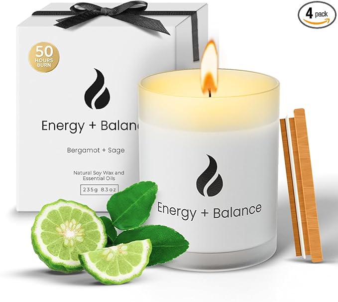 Natur IX Cleansing Scented Candles for Home | Sage & Palo Santo | Natural Non Toxic Soy Candles with Essential Oils | 50 H Long Burning | (Energy + Balance | Bergamot & Sage)