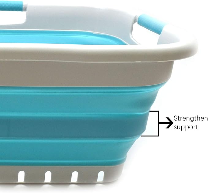 SAMMART 41L (10.8 gallon) Set of 2 Collapsible 3 Handled Plastic Laundry Basket-Foldable Pop Up Storage Container/Organizer-Space Saving Hamper/Basket (2, Grey/Bright Blue)