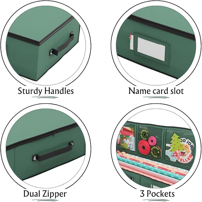 Primode Wrapping Paper Storage Container | Gift Wrap Organizer Under Bed | 41”x14”x6” | Box Holder for 18-24 Rolls Up to 40” | 600D Oxford Material | Pockets for Ribbon, Bows, and Accessories (Green)