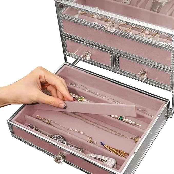 Hersoo Luxury 3-TierSilver Stackable Jewelry Organizer&Display Case,Premium Modular Storage for High-end Jewelry with Removable Pink Velvet,Elegant Jewelry Showcase
