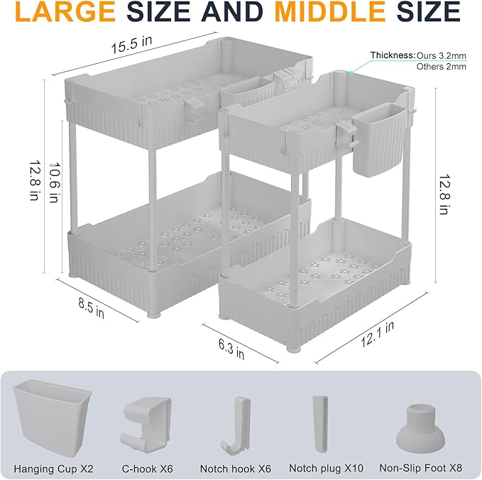 Sevenblue 2 Pack Under Sink Organizer, Under Bathroom Cabinet Organizer with Hooks Hanging Cup, Multi-Purpose Storage Shelf for Kitchen Bathroom (Gray, L)