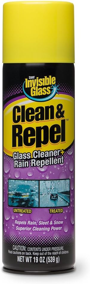 Invisible Glass 91184 Clean & Repel – Aerosol Glass Cleaner and Rain Repellent, Cleans Exterior Windshields, Repels Rain, Sleet, Snow, Improves Wet Weather Driving Visibility – 19 oz