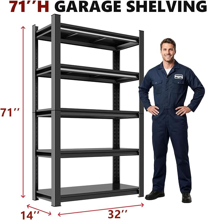 Notmise Garage Shelving, Black 5-Tier Heavy Duty 3000Lbs - Adjustable Metal Shelf, Easy Assemble Industrial Organizer for Garage, Warehouse, and Basement(71" H x 32" W x 14" D)
