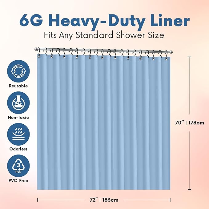 Premium Shower Curtain Liner, 72" W X 70" H - PVC-Free, 6G PEVA Shower Curtain with 12 Rust Proof Grommets and Magnet-Weighted Bottom Hem - Moisture Stain Proof Shower Curtain Liner - Light Blue