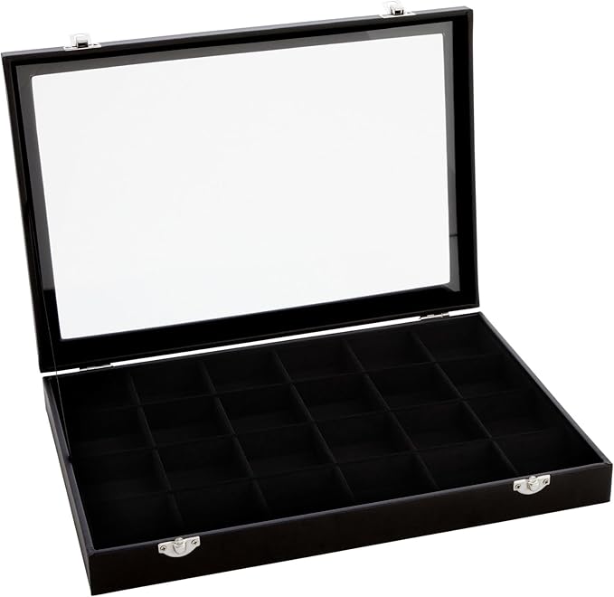 Juvale Black Velvet Jewelry Display Tray Organizer Case - Jewelry Display for Vendors w/Glass Cover - 24 Slot Tray with Removable Grids - Crystal & Rock Collection Box - Black 14 x 9.5 x2 in