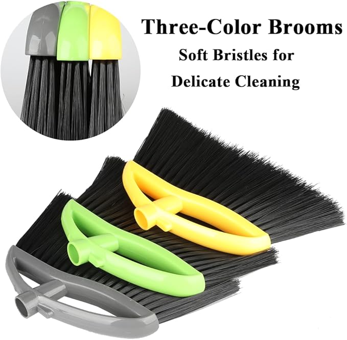 3 Pack Soft Bristle Angle Broom for Floors - Wide Indoor Heavy Duty Broom with 38"-53.5" Adjustable Handle, Kitchen & Restaurant Use for Hardwood, Porch (Gray, Yellow, Green)