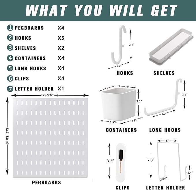 RIVTUN Wall-Mounted Pegboard Kit, 25.2" x 25.2" Organizer Panel – Large, Cost-Effective & Nail-Free Installation White
