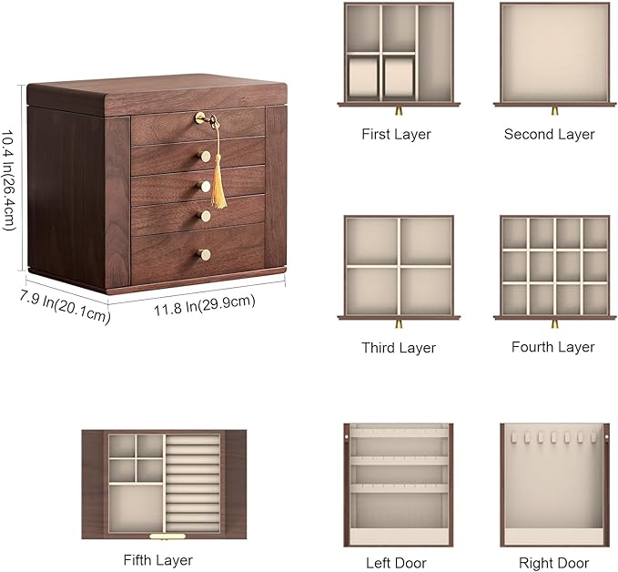 Black Walnut Wooden Jewelry Box, Wood Jewelry Organizer with 2 Side Doors Mirror Lockable Classical Style for Watch Necklace Ring Earring Storage Valentines Day Gifts for Her-5 Layer