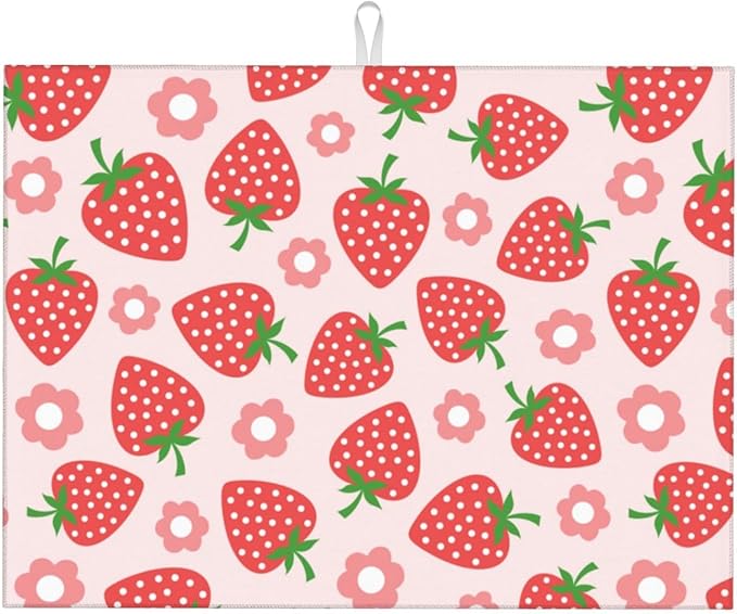 Pink Strawberry Dish Drying Rack Mat for Kitchen Counter XL, Cute Flower Dish Drying Pad Absorbent Reversible Microfiber Protector for Coffee Bar Sink Countertops 18x24 Inch