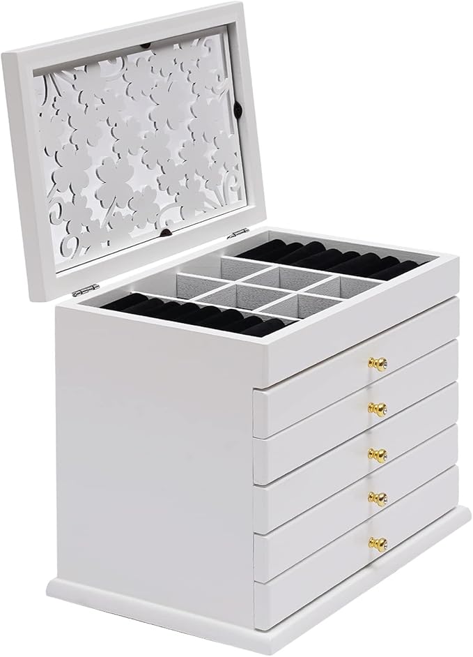 Eapmic Extra Large Four-Leaf Carved 6 Layers Wooden Jewelry Box Jewelry Case Cabinet Armoire Ring Necklacel Gift Storage Box Organizer (White)