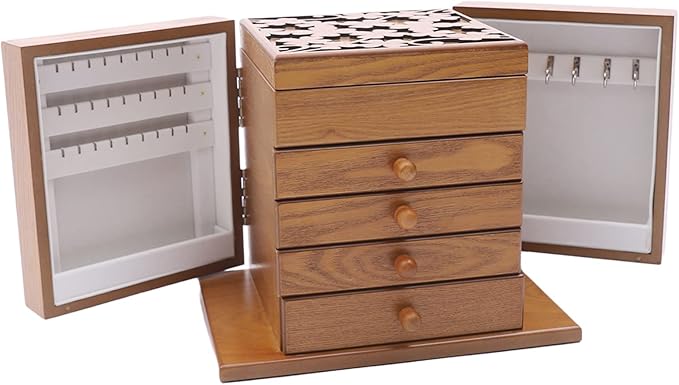Eapmic Extra Large Four-Leaf Carved 5 Layers Wooden Jewelry Box Jewelry Case Cabinet Armoire Ring Necklacel Gift Storage Box Organizer(5 Layers,Brown,Style 1)