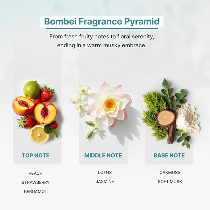 BOMBEI Luxury Essential Oil for Diffusers - Fruity Floral Aromatherapy with Peach, Jasmine & Musk - Elegant Scent for a Sophisticated Home