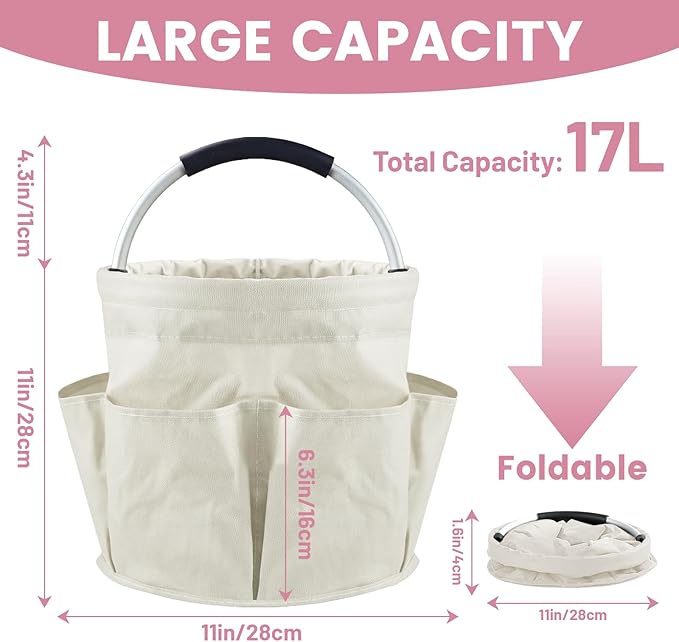 Cleaning Caddy with Handle and 6 Pockets, 17L Cleaning Supplies Organizer, 600D Oxford Fabric Storage Basket, Multifunctional Bucket Bag for Picnics, Camping, Gardening, Bathing (Off-White)