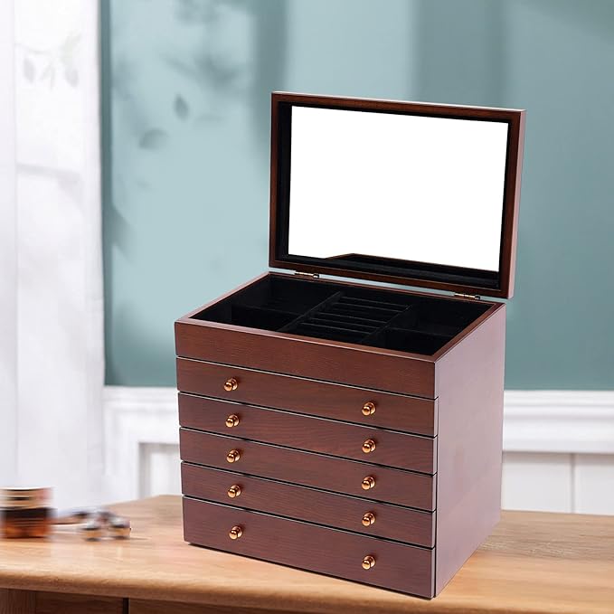 Eapmic Extra Large 6 Layers Wooden Jewelry Box Jewelry Case Cabinet Armoire Ring Necklacel Gift Storage Box Organizer(6 Layers,W/mirror,Style 2)