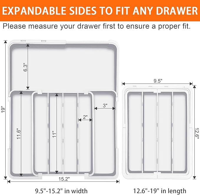 Spaclear Silverware Organizer - Expandable Kitchen Drawer Organizer, BPA-Free Food-Safe Utensil Drawer Organizer with 7 Compartments, Deep Cutlery Tray for Forks, Knives, White