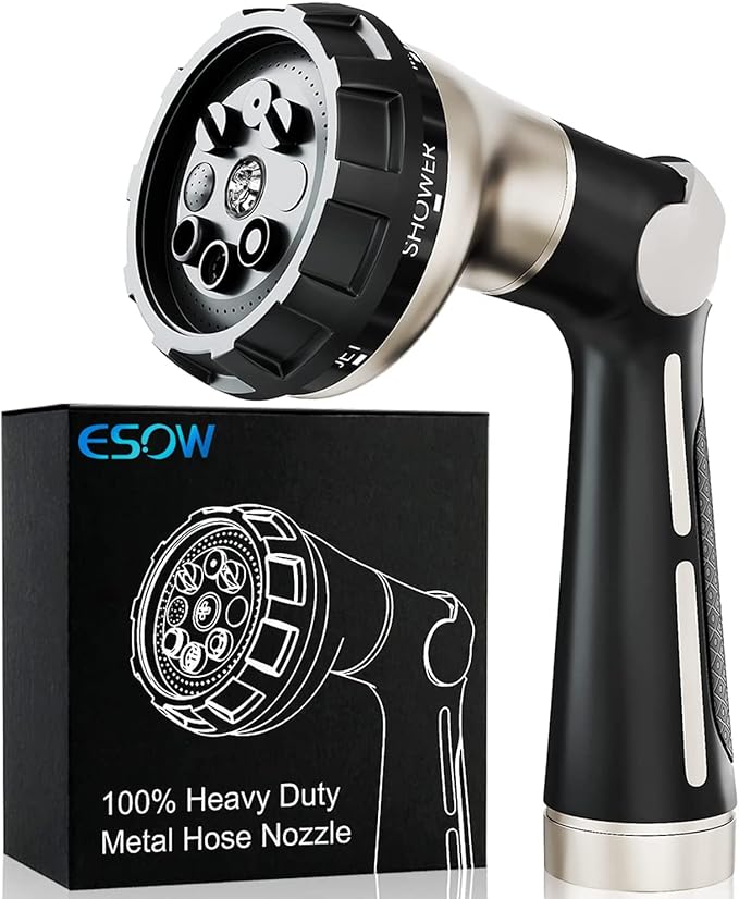 ESOW Garden Hose Nozzle Sprayer, 100% Heavy Duty Metal Water Hose Nozzle with 8 Different Spray Patterns, High Pressure Hand Sprayer for Watering Plant & Lawn, Washing Car & Pet