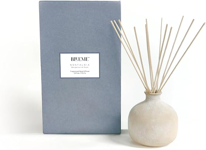 Blueme Nostalgia Diffuser | Bergamot & Musk | 5.92 Fl Oz - Refillable Wellness Diffuser, Contains Essential Oil, Sustainable, Hand Finished, Premium, Luxury Ceramic, Natural Rattan Reeds, | Small