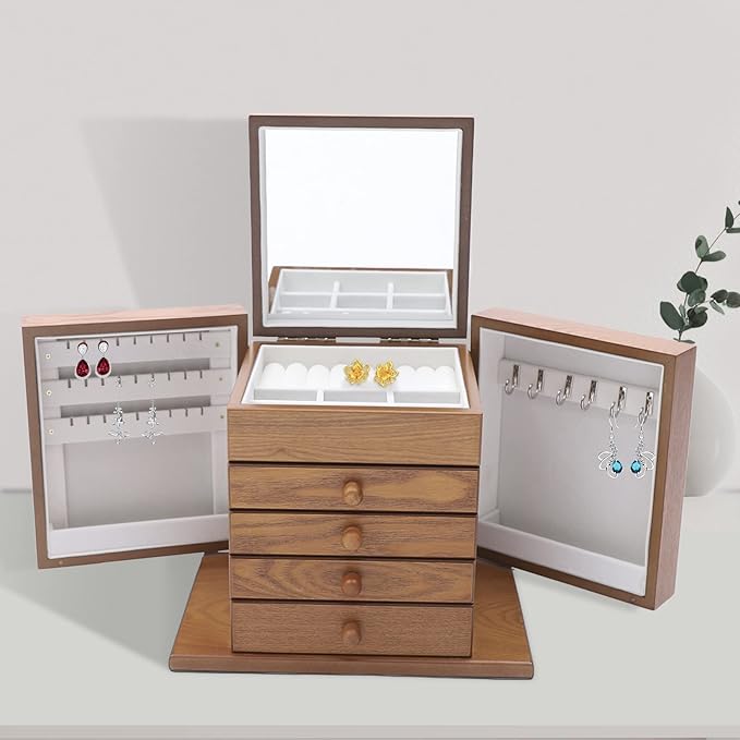 Large Wooden Jewelry Box 5 Layers Jewelry Storage with Mirror and 4 Drawers Gift for Women and Girls Necklace Ring Storage Box (Brown+Carving)