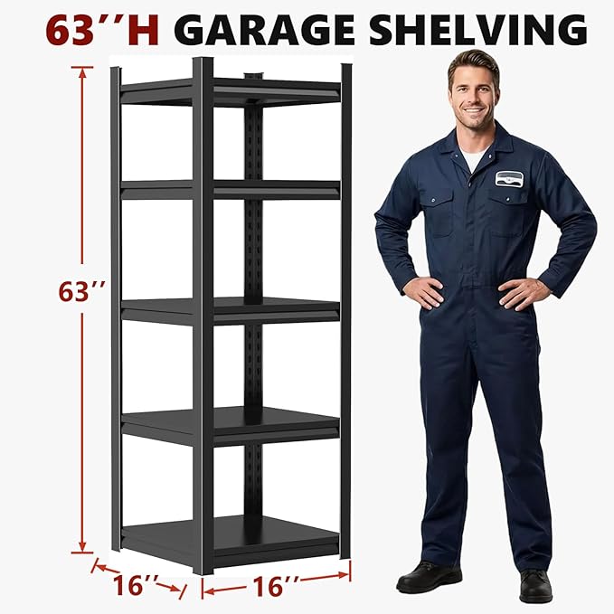 Notmise Garage Shelving, 3000Lbs 5-Tier Storage, Heavy Duty Adjustable Metal Rack Black, Easy to Assemble for Garage, Warehouse, and Basement(63" H x16 W x 16" D)