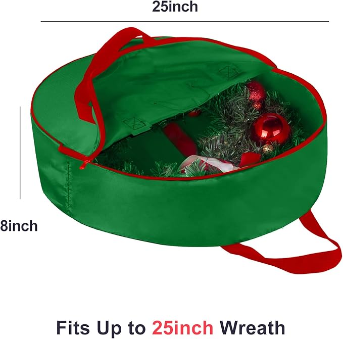 Christmas Wreath Storage Bag 25inch -Large Christmas Wreath Storage Container-Durable Oxford Fabric, Dual Zippered, Easy to Slip the Wreath in & Out, Protect Wreath Garlands from Dust-Green,Pack of 2