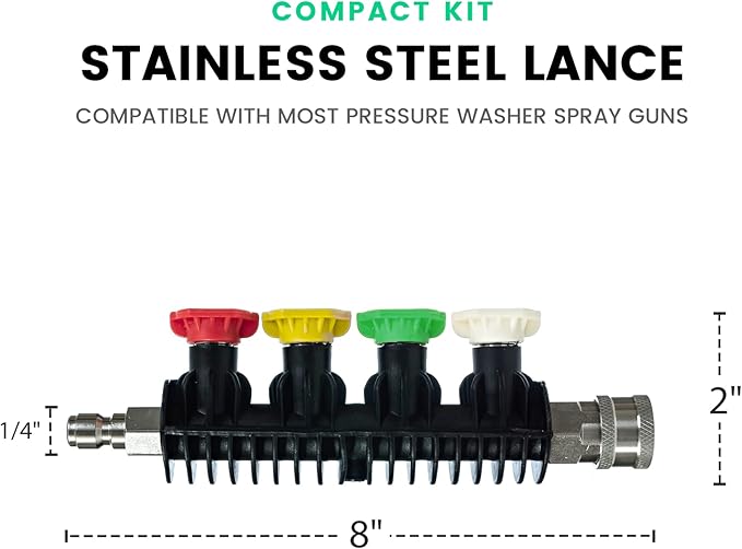 Gold Label Detailing Mini Grip Quick Connect Stainless Steel Lance with Nozzle Holder and 4 Pressure Washer Nozzles - Great for Car Washing, Patio Cleaning, Exterior Washing!