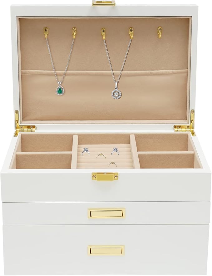 3-Layer Jewelry Box Organizer with Hooks, White Jewelry Chest for Women Girls, Jewelry Case Display Jewellery Holder Organizer Storage Box for Necklace Earrings Rings Bracelets