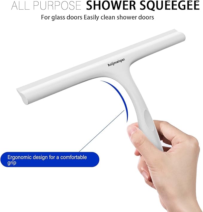 Anjinwiper All-Purpose Shower Squeegee for Shower Glass Door with Adhesive Hook, Silicone Squeegee for Shower Doors, Bathroom, Windows, Mirrors, Shower Cleaner Tool Household Squeegee(10 inch-White)