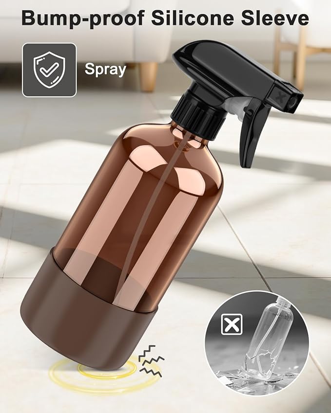 Bontip Amber Glass Spray Bottle with Silicone Sleeve Protection, 16 oz Refillable Spray Bottle for Cleaning Solutions, Plants, Aromatherapy, Facial Hydration (Brown Sleeve(Amber Bottle)