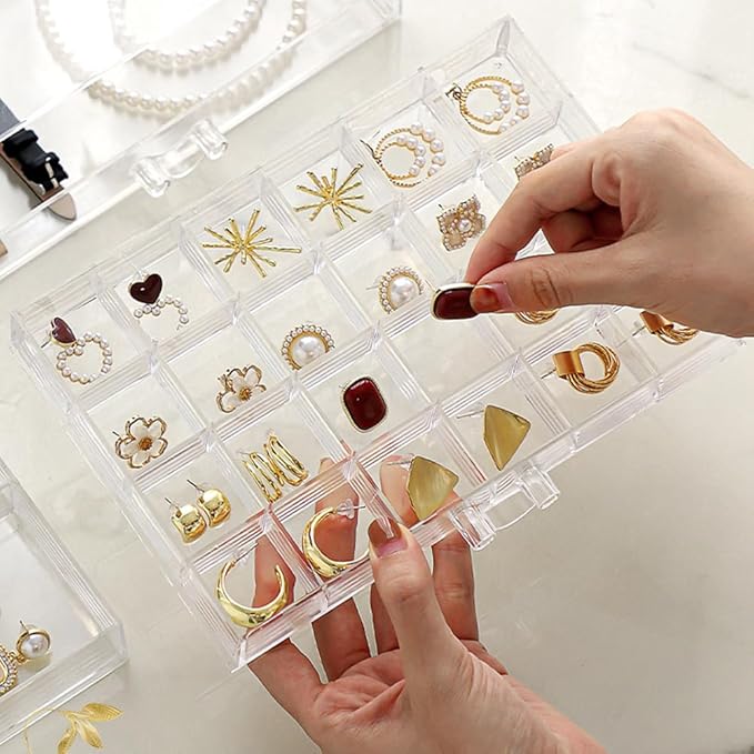 Earring Organizer Box Acrylic Stackable Jewelry Organizer with 3 Drawers 72 Small Compartments Clear Jewelry Display Stand for Stud Earring Ring Pin Display (Transparent)