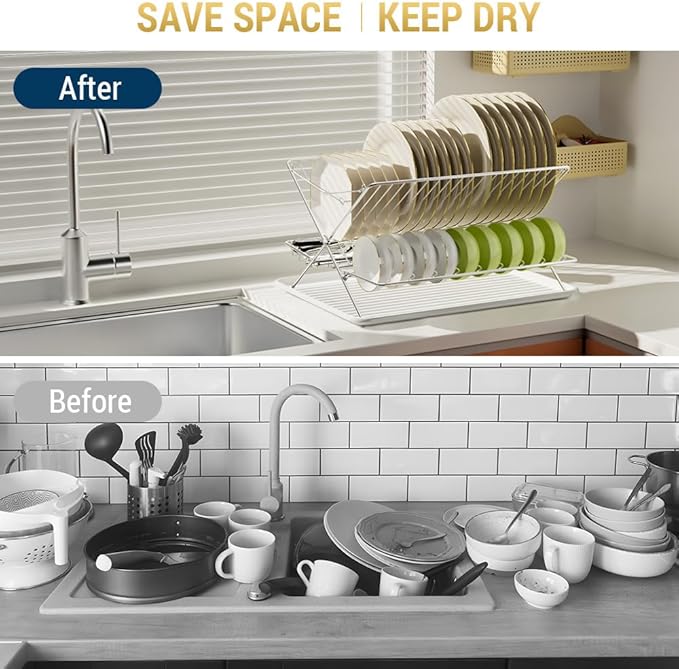 TABABAO Over The Sink Dish Drying Rack, Collapsible 3 Tier Dish Racks for Kitchen Counter, Large Capacity Stainless Steel Dish Drainer with Utensil Holder and Drainboard (Upgraded)