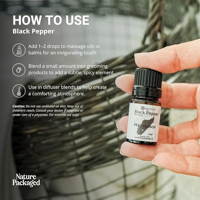 Black Pepper Essential Oil - Direct from Madagascar Farms - Steam Distilled - Aceite Pimienta Negra for Aromatherapy, Massage, Diffuser, DIY Candle and Soap Making - 5ml