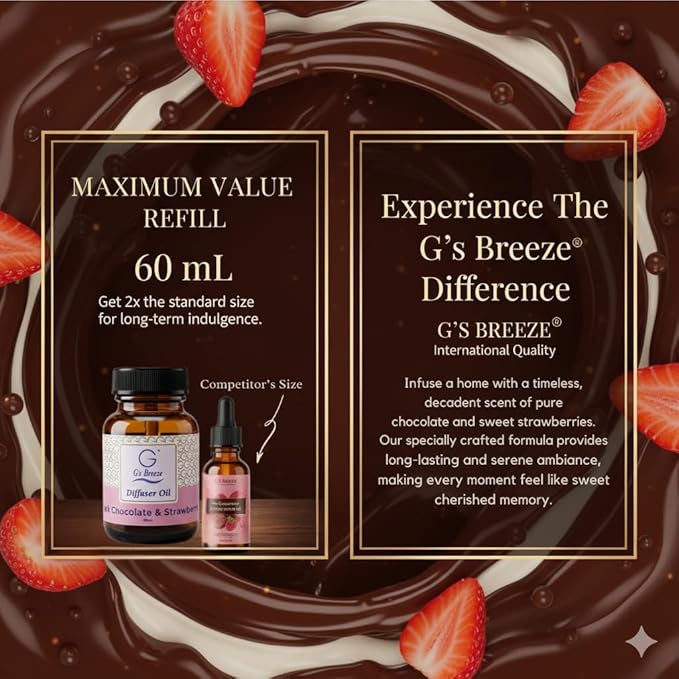 G's Breeze Dark Chocolate & Strawberry Diffuser Oil - Gentle Fragrance & Soothing Aroma of Velvety Dark Chocolate with Juicy Strawberry - Long-Lasting - Ideal for Home, or Office - 60 ML