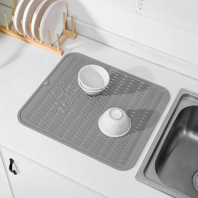 MicoYang Silicone Dish Drying Mat for Multiple Usage,Easy clean,Eco-friendly,Heat-resistant Silicone Mat for Kitchen Counter or Sink,Refrigerator or Drawer Liner Grey XL 18 inches x 16 inches
