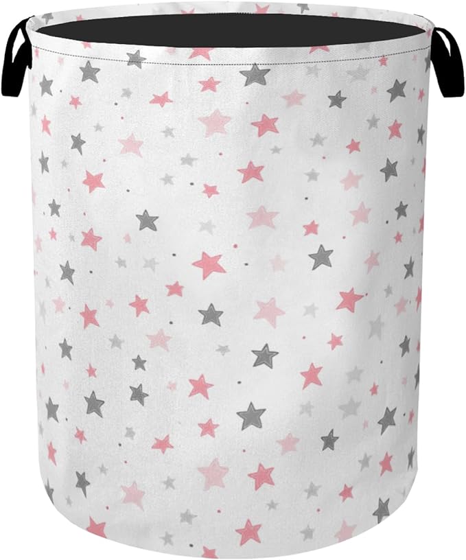 Cute Pink Stars Foldable Canvas Laundry Basket with Handles - Toy Organizer, Heavy Duty for Home，Bedroom, Dorm, Bathroom