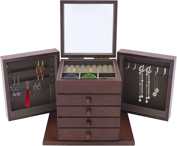 Wooden Jewelry Box for Women, 5-Layer Wooden Jewelry Organizer Boxes with 4 Drawers, Vintage Solild Wood Storage Case for Jewelries, Watches, Necklace, Ring (Dark Brown)