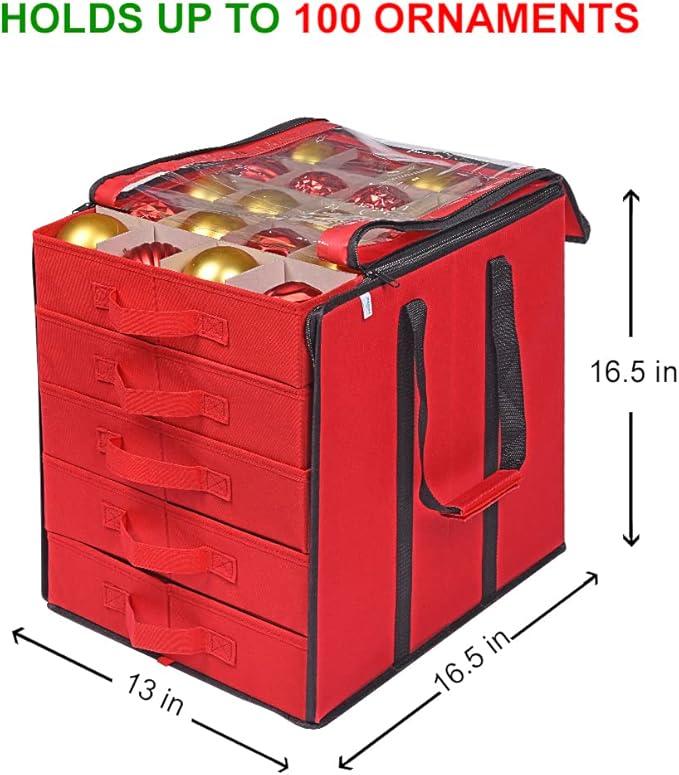 ProPik Christmas Ornament Storage Boxes with Dividers - 5 Separate Trays - Ornament Holder - Keeps 100 Holiday Ornaments - Durable Carrying Bag Handles Organizer Storage Box (Red)