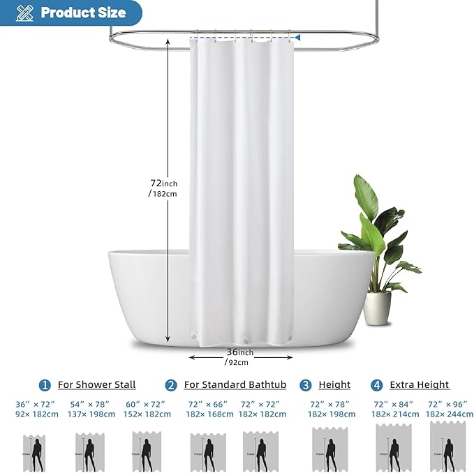 Water-Repellent Stall Fabric Shower Curtain Liner - Hotel Quality Machine Washable, 3 Heavy-Duty Magnets with Rustproof Grommets & Weighted Hem, Stall Size 36x72in White