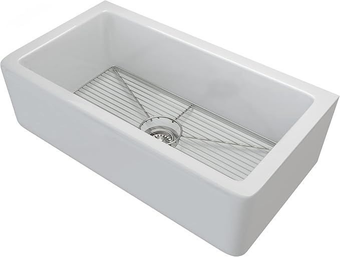 KRAUS KFR1-33GWH Turino Reversible 33-inch Fireclay Farmhouse Flat Apron Front Single Bowl Kitchen Sink with Bottom Grid in Gloss White
