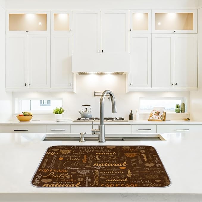 Hexteria Coffee Dish Drying Mat for Countertops, Quick Drying Mat for Kitchen, 16"x18", Brown