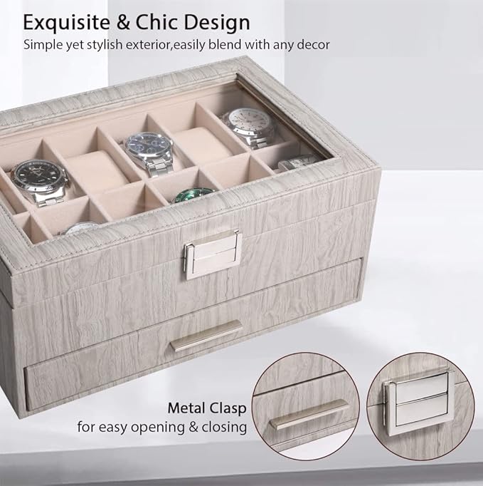 Voova Watch Jewelry Box Organizer for Men Women,12 Slot Leather Watch Storage Case Display Holder with Jewelry Drawer, Removable Watch Pillows, Large Glass Lid for Watches, Sunglasses,Rings,Wood Grey