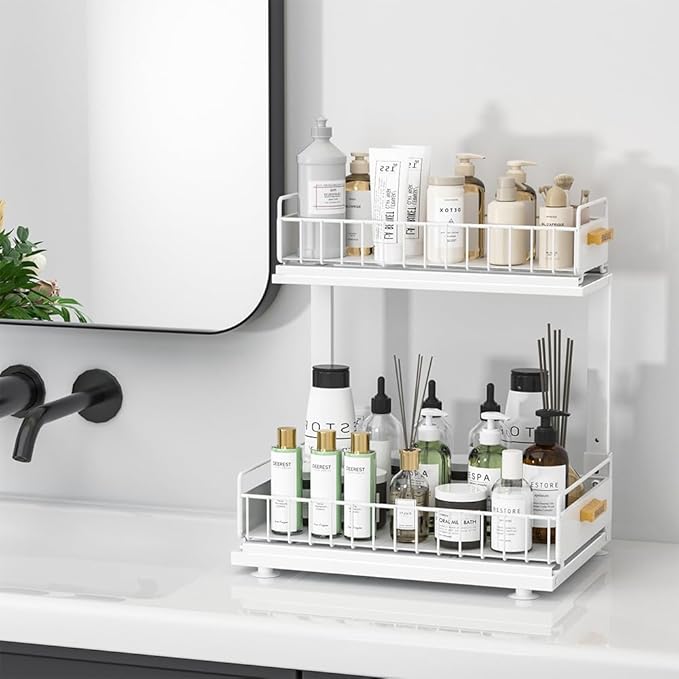 HOMEBOSILY Under Sink Organizer Kitchen, Pull Out Cabinet Organizer 2 Tier Slide Out Sink Shelf Cabinet Storage Shelves, Under Sink Storage for Kitchen Bathroom Cabinet, White, 1 Pack