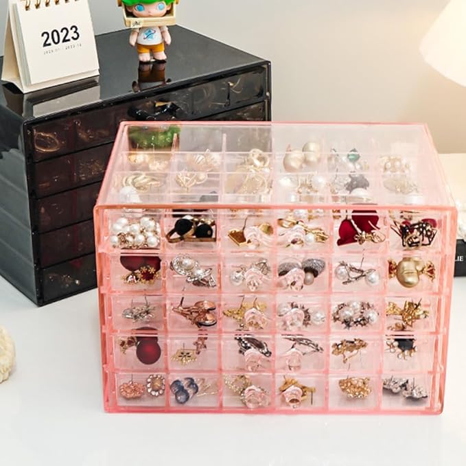 Earring Storage Box Organizer, Acrylic Jewelry Storage Box Holder 5 Drawers Transparent Jewelry Display Stand with 120 Small Compartments Gift Boxes for Women Girls (Clear Pink)