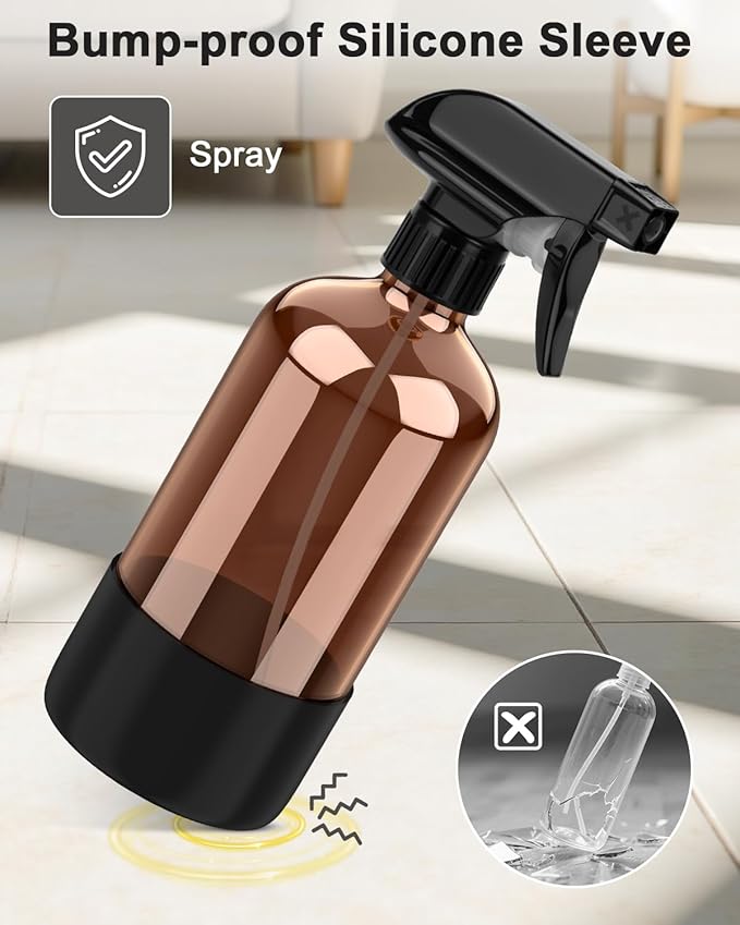 Bontip Amber Glass Spray Bottle with Silicone Sleeve Protection, 16 oz Refillable Spray Bottle for Cleaning Solutions, Plants, Aromatherapy, Facial Hydration (Black Sleeve(Amber Bottle)