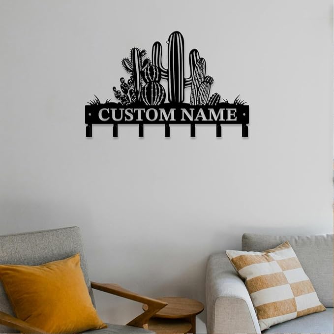 Personalized Custom Name Cactus Wall Keys Hooks,Metal Cactus Art Clothes Hooks,Metal Cactus Lover Wall Home Storage Decorative,For Front Door, Hallway, Kitchen, Bedroom,Keys,Hats (Style B)
