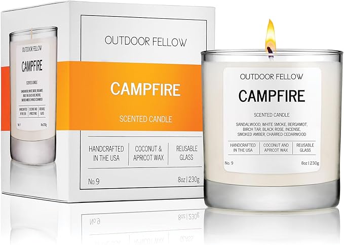 Outdoor Fellow Campfire Scented Candle, 8oz, Coconut & Apricot Wax Blend, Sandalwood, Smoked Amber, Charred Cedarwood, Reusable Glass, 40-50 Hour Burn Time