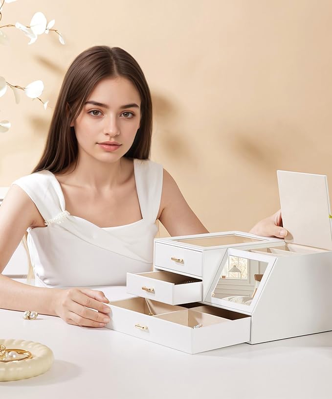 Homde Women Mirror Jewelry Box: Organizer Case with Clear Lid for Ring Necklace Earring - Birthday Gift for Young Women (White)