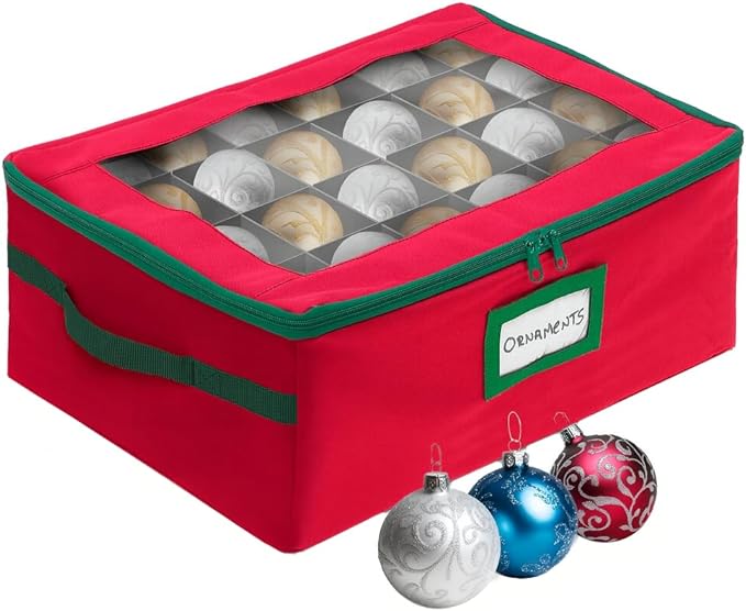 HOLDN’ STORAGE Christmas Ornament Storage Box with Dividers - Fits 48-3” Ornaments, 2 Removable Trays, Durable & Space-Saving, Clear Top Lid, Fits Underbed, Red