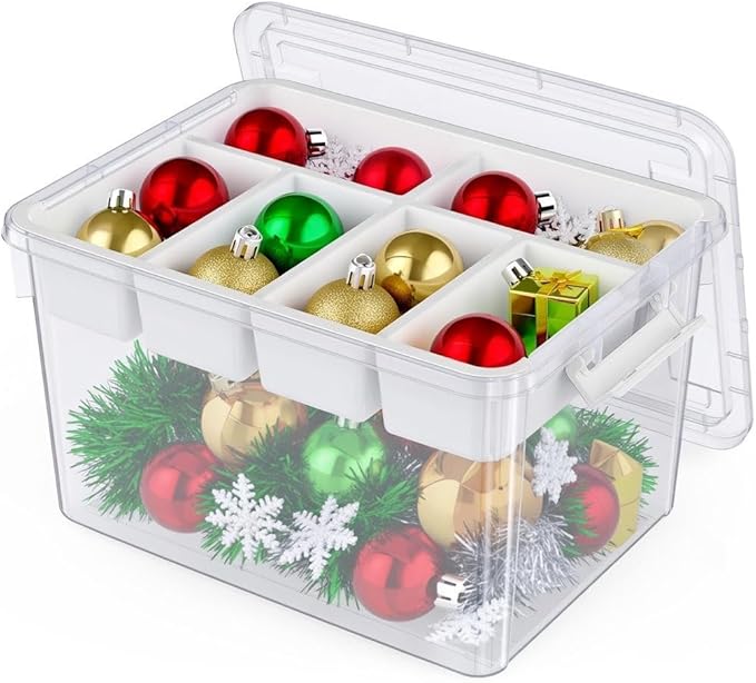 40Qt Plastic Storage Bin with Lid, Clear Latching Organizers Box with Removable Tray, Large Portable Storage Container, for Holiday Ornaments, Home Organization, 1Pack